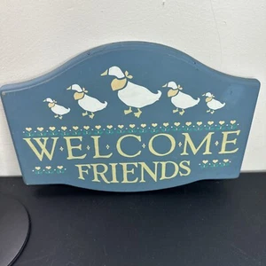 Vintage Wooden Duck “Welcome Friends” Sign Hanging Wall Decor Farm Cottage Core - Picture 1 of 4