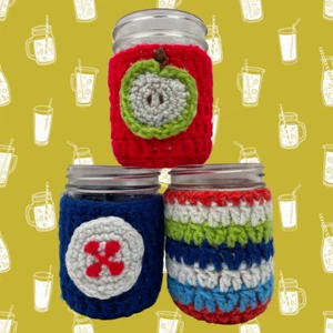 Handmade Crochet Jar Cozy Set of 3 Apple Button Stripe Motifs Covers Cozies Only - Picture 1 of 13