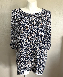 J Jill Womens Plus Size Wearever Collection Tunic Blue Tan Floral 3/4 sleeve 2X - Picture 1 of 7