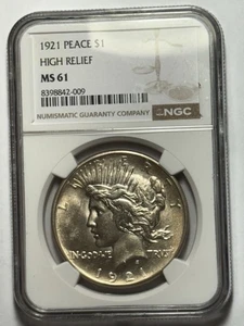 1921 High Relief Peace Dollar MS 61 - Picture 1 of 3