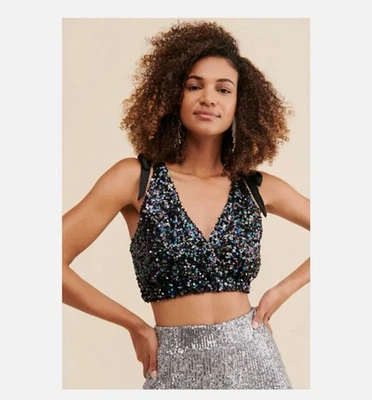 NUEVO Top corto Free People Intimately Big Night lentejuelas NEGRO para mujer GRANDE Foto 1 de 4