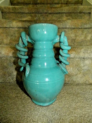 JB Cole Graves Vase North Carolina Daison Ware Rope Twist Handles Turquoise - Image 1 of 4