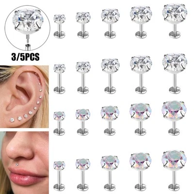 3/5Pcs 16G/18G Stainless Steel Lip Studs 5A+ Zircon Helix Conch Piercing Jewelry - Image 1 of 4