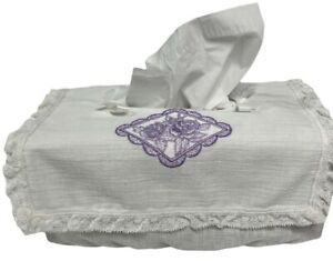Handsewn Kleenex Tissue Box Cover White Purple Lavender Embroidery Lace Long Box