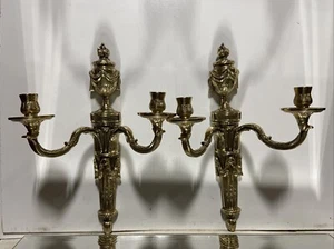 VTG. Pr. LOUIS XVI Cast Brass Design Signed Tommi Wall Candle Holder Sconces - Picture 1 of 24