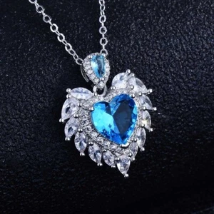 New Angle Wing Ocean Blue Topaz Gemstone Silver Women Girl Necklace Pendant - Picture 1 of 6