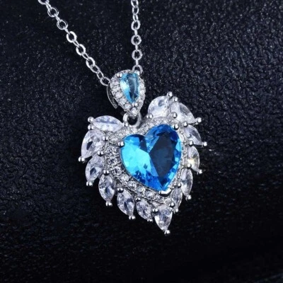 New Angle Wing Ocean Blue Topaz Gemstone Silver Women Girl Necklace Pendant - Image 1 of 4