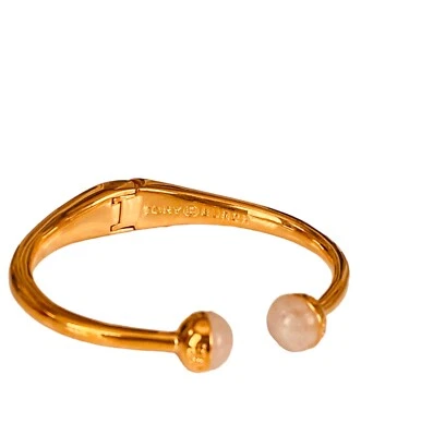 Autêntica Nova Pulseira Dobradiça Logotipo Tory Burch Quartzo Rosa Pedra Semipreciosa - Imagem 1 de 4