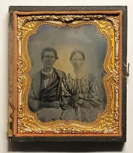Glass Ambrotype Photo Hand Tinted/Gilded Couple Patterned Dress 1860s 6th Plate - Picture 1 of 5