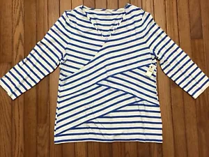 New Talbots Blouse Size L Striped Blue/White 3/4 Sleeve Rayon Spandex V-neck $59 - Picture 1 of 9