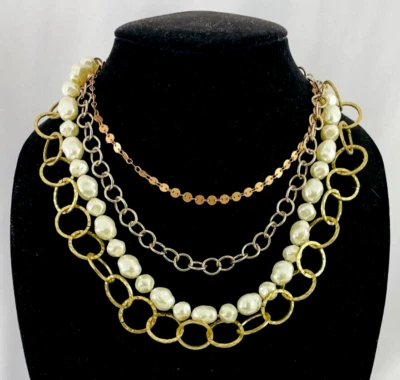 Collar Gargantilla CHICO'S Multi Hilo Imitación Perla Oro Plata y Tono Cobre Cadenas Foto 1 de 4