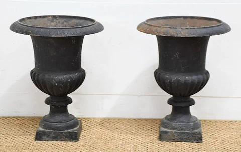 Pair of Vintage European Cast Iron Garden Planters Cover