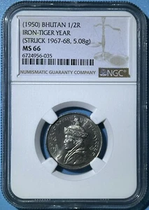 Bhutan 1950 Struck in 1967-68 1/2 Rupee Iron - Tiger Year BU NGC MS 66 2nd 22/1 - Picture 1 of 2