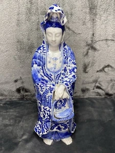 Statua vintage porcellana giapponese Guanyin Kannon Sama dipinta a mano blu Sometsuk - Foto 1 di 17