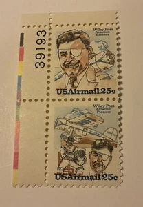 US Stamps ,Scott C95 and C96 25c 1979 airmail Wiley Post vert pair plt # MNH OG - Picture 1 of 1