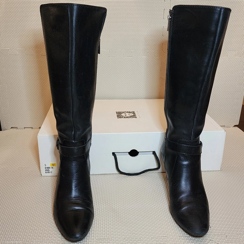 Botas de mujer Anne Klein negras de tacón alto hasta la rodilla delanteras de cuero, espalda elástica talla 9 Foto 1 de 4