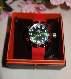 Adee Kaye Men's Watch Red Silicone Band BLACK Rotating Bezel AK7118 new - Picture 1 of 4