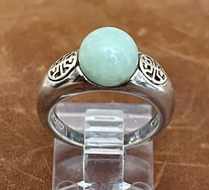 Vintage Sterling 925 & 14k Gold chinesisches Langlebigkeitssymbol Kugel Perle grüne Jade Ring 6 - Bild 1 von 12