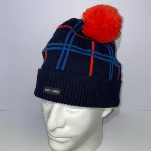 Saint James Pom Cuffed Beanie Red Plaid Wool Made in France - Picture 1 of 7