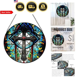 Cross Stained Glass Window Hanging Religious Wall Decor Garden Church Office - Picture 1 of 8