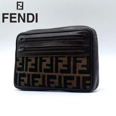 FENDI Zucca Estampado Logo Todo Monograma Bolsa Cartera Lona Cuero Marrón Oscuro Foto 1 de 4