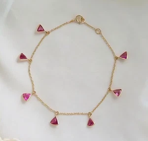 Bracciale Tormalina Rosa Naturale Oro Giallo Massiccio Massiccio 10k Triangolo Gocce - Foto 1 di 4