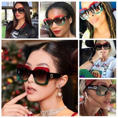 Gucci GG0083 55mm Women's Square Oversized Sunglasses Black/Red/Green - Image 1 of 4
