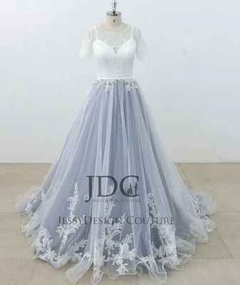 Farbiges Himmelblau Brautkleid Hochzeitskleid 32-60 Kurzarm Spitze Taillenband - Bild 1 von 4