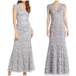 Eliza J NWOT Scalloped Sheath Lace V-Neck Floral Gown Size 10P Gray Cap Sleeve - Picture 1 of 12
