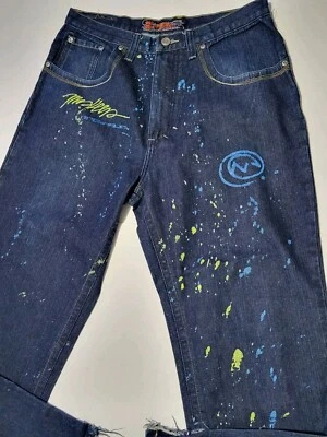 Miskeen Jeans Men's Size 36 x 34 Baggy Y2K Hip Hop Skater Painted Embroidered - Image 1 of 4