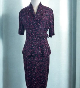 Vtg 80s PAPPAGALLO Purple Pink City Print Office Siren F. Wrap Peplum Dress szM - Picture 1 of 10