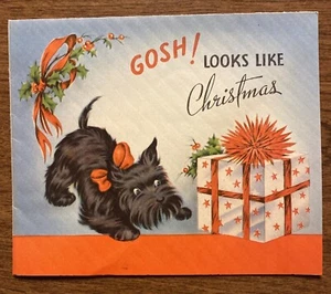 Tarjeta de felicitación navideña vintage de los años 40 perro emocionado cachorro regalos Santa P1E - Imagen 1 de 12