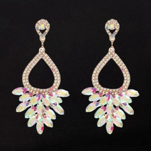 Women's AB Crystal Rhinestone Big Flower Leaf Dangle Stud Earrings - Picture 1 of 3