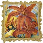 Wool Needlepoint Throw Pillow Tiger Lily Cushion 18x18 with Gold Tassels