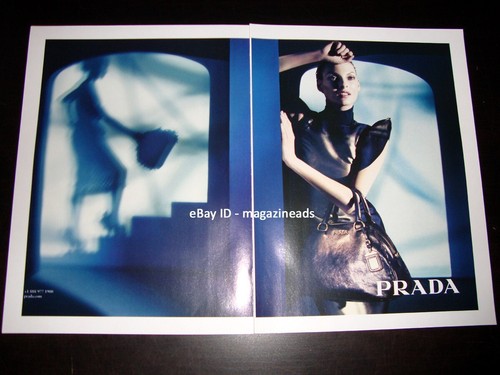 PRADA 2 PAGINE STAMPA ANNUNCIO AUTUNNO 2008 LINDA EVANGELISTA STEVEN MEISEL PELLE NERA
