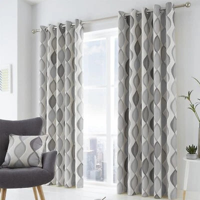 Fusion Lennox Geometric Ogee 100% Cotton Eyelet Fully Lined Curtains Pair Grey - Image 1 of 4