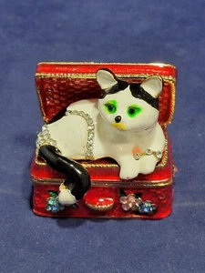Kitty Jewelry Box - Hand-Painted, Hinged Design, Bejeweled Cat Figurine Box - Picture 1 of 16