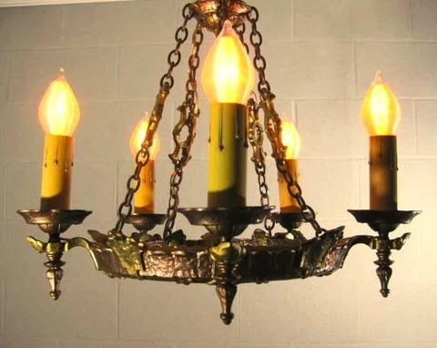 Spanish Revival Arts & Crafts Chandelier 1920`s Restored Medieval Tudor 5 Lights Cover