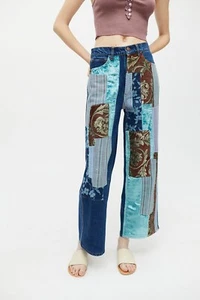 Urban Outfitters High Waist Wide Leg Jeans Patchwork Denim Baggy Boho Hippie New - Picture 1 of 12