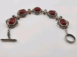 925 Sterling Silber Jean Lin "Ishana" rund roter Karneol Stein Knebel Armband - Bild 1 von 6