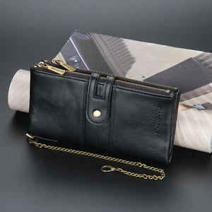 Black Mens Leather Bifold Biker's Wallet RFID ID Card Holder w/Chain Long Purse - Picture 1 of 11