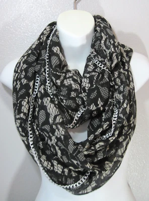 Betsey Johnson Infinity Scarf w/Chain Detail Batik Style Design  Black/Cream - Image 1 of 4