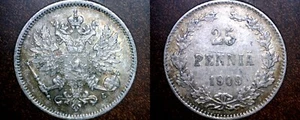 1909-L Finland 25 Pennia World Silver Coin Russian Admin - Picture 1 of 1