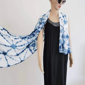Shibori Rayon Cotton Scarf, Beach Wrap, Indigo Tie Dye Scarf,  27''x86'' - Picture 1 of 14