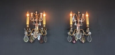 Antiguo par de apliques franceses de cristal de bronce Foto 1 de 4