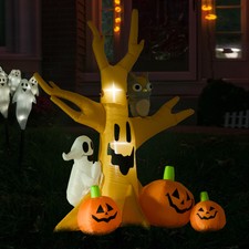 HOMCOM Halloween Inflatable Tree Ghost 3 Pumpkins Owl Lighted 5 LED