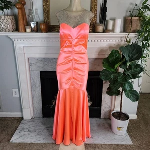Xscape Neon Coral Evening Dress Maxi Illusion Beaded Ruched Mermaid Hoco Size 10 - Picture 1 of 12