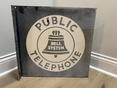 Vintage Bell System Public Telephone 2-Sided 18” Flange Metal Payphone Sign - Image 1 of 4
