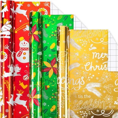 Metallic Christmas Wrapping Paper Set | 3 Rolls Gold Red Green Foil Gift Wrap - Image 1 of 4