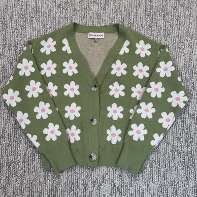 Willow & Wind Daisy Cardigan Sweater Womens M Green Pink Novelty Whimsy Artsy - Image 1 of 4